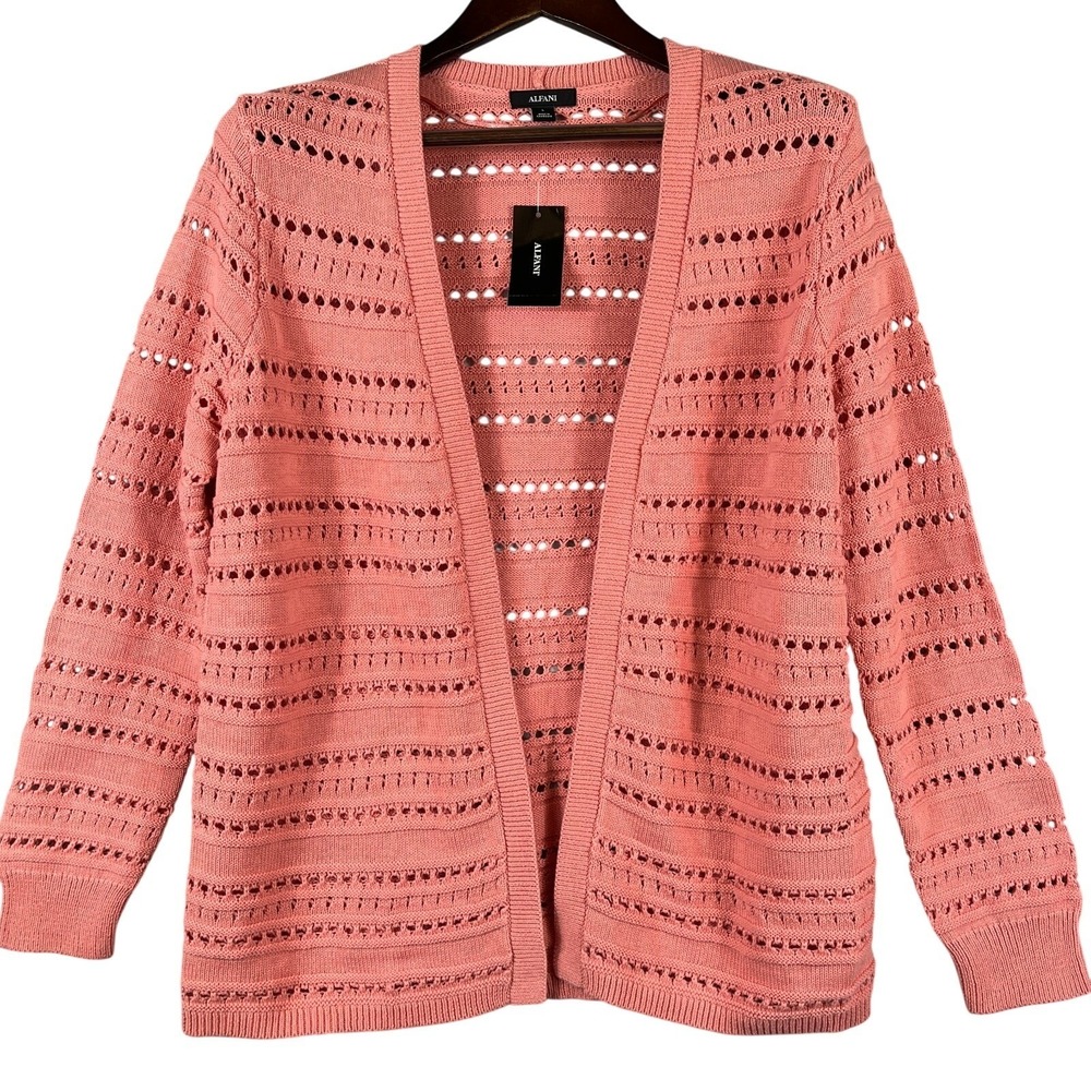 Alfani Womens L Open Knit Cardigan Sunrise Coral Cotton Lightweight Sweater NWT